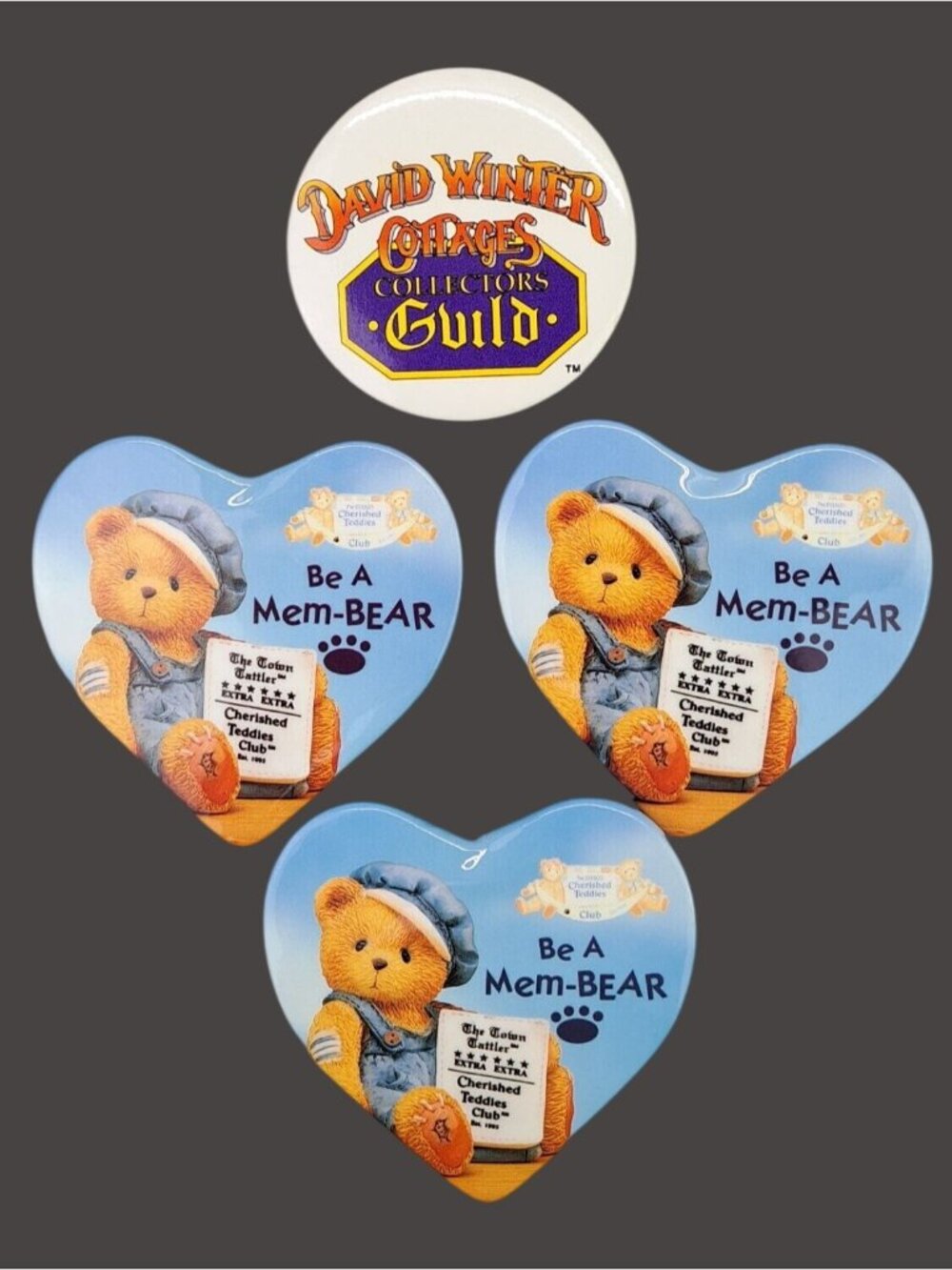 Vintage David Winter Cottages Guild Cherished Teddies Club Pinback Pins Lot Of 4